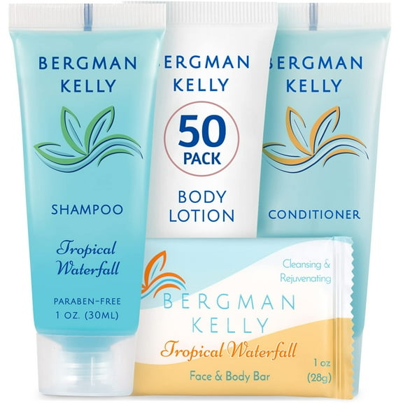 Bergman Kelly Travel Size Toiletries - 4 Piece Set: Shampoo, Conditioner, Rectangular Bar Soap & Body Lotion, Tropical Waterfall, 1 oz each, 200 pcs
