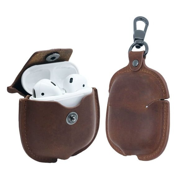 AirPod 1, 2 Leather Case with Keychain and Button Lock Compatible with Apple Airpods 1, 2 Made with Genuine Horse Cow Leather - Legacy Snap (Brown)