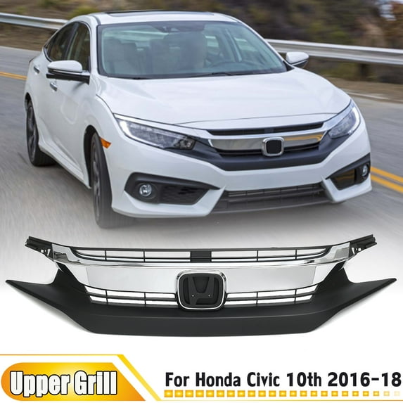Car Front Bumper Chrome Hood Grille Upper Grill Fits for Honda Civic 10th 2016-2018 ABS