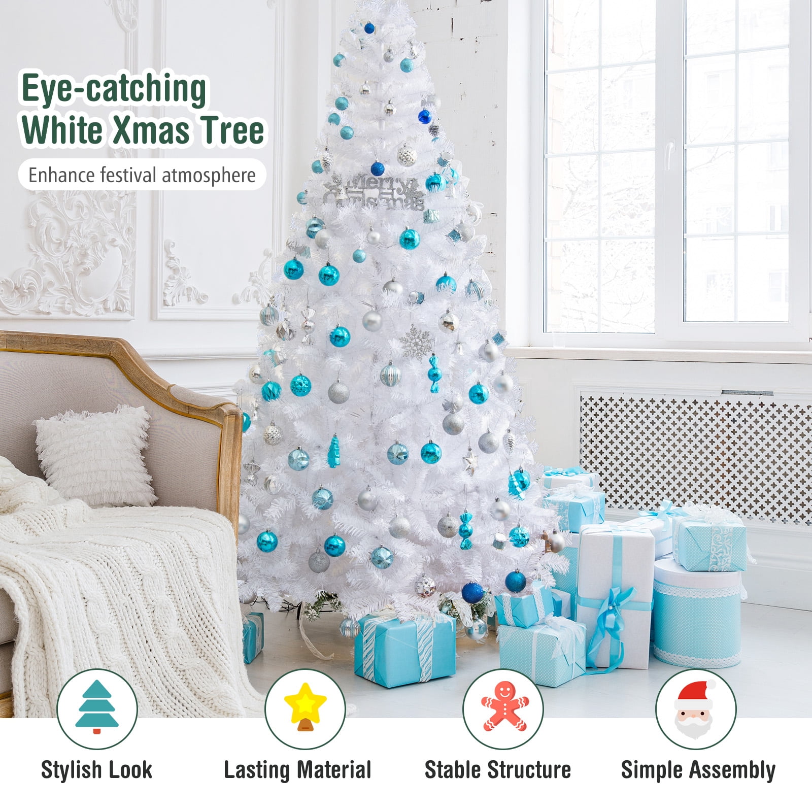 Topbuy 7'Artificial White PVC Christmas Tree Outdoor w/ Metal Stand and Anti-scratching Cover