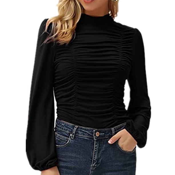Camisa de mujer con volantes fruncidos,Blusa de manga larga para mujer Top de manga larga para mujer Blusa de manga larga para mujer Valor inmejorable