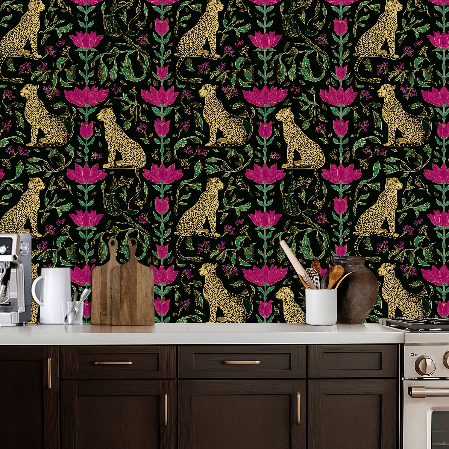 Cheetah Peel and Stick Wallpaper 17.7in x 9.8ft Golden Cheetah Lotus Floral Black Contact Paper Vinyl Waterproof Self Adhesive Wall Paper for Bedroom Shelf Cabinet Renter Friendly