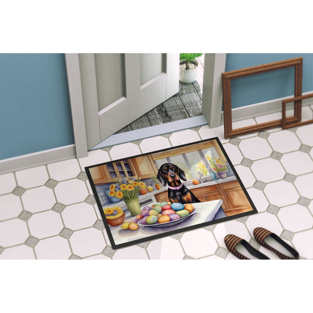 Decorating Easter Black and Tan Coonhound Doormat 27 in x 18 in