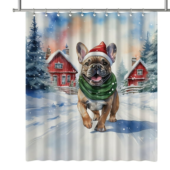 Hello Winter French Bulldog Frosty Morning Walk Welcome Snowy Christmas Shower Curtain Dog Lover Gifts Waterproof Bathroom Bathtub Curtain - 02018