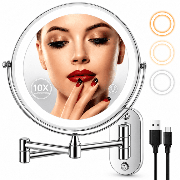 Fixdono Vanity Mirror with Lights, 8" Makeup Magnifying Mirror Double-Sided 1X/10X Magnifying- 3 Color Light, Touch Dimming, 360° Swivel, Extendable, Wall Mounted- Silver