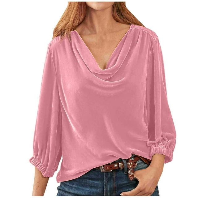 YDLCAFD T-Shirts en Velours pour Femmes, Manches 3/4, Col Bénitier, Froncé, Manches Longues