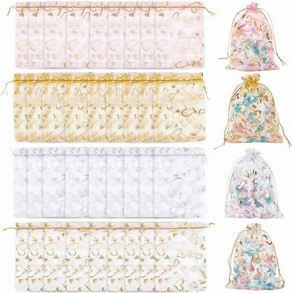 80Pcs 4 Colors Organza Bags 5x7 Inch Heart Organza Mesh Gift Drawstring Pouches Pink Gold Silver White for Christmas Candy Wedding Party Favor for diy