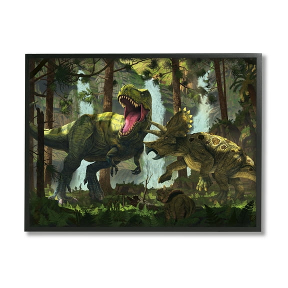 Stupell Industries Protection Dinosaurs Landscape Animals & Insects Painting Black Framed Art Print Wall Art, 14 x 11