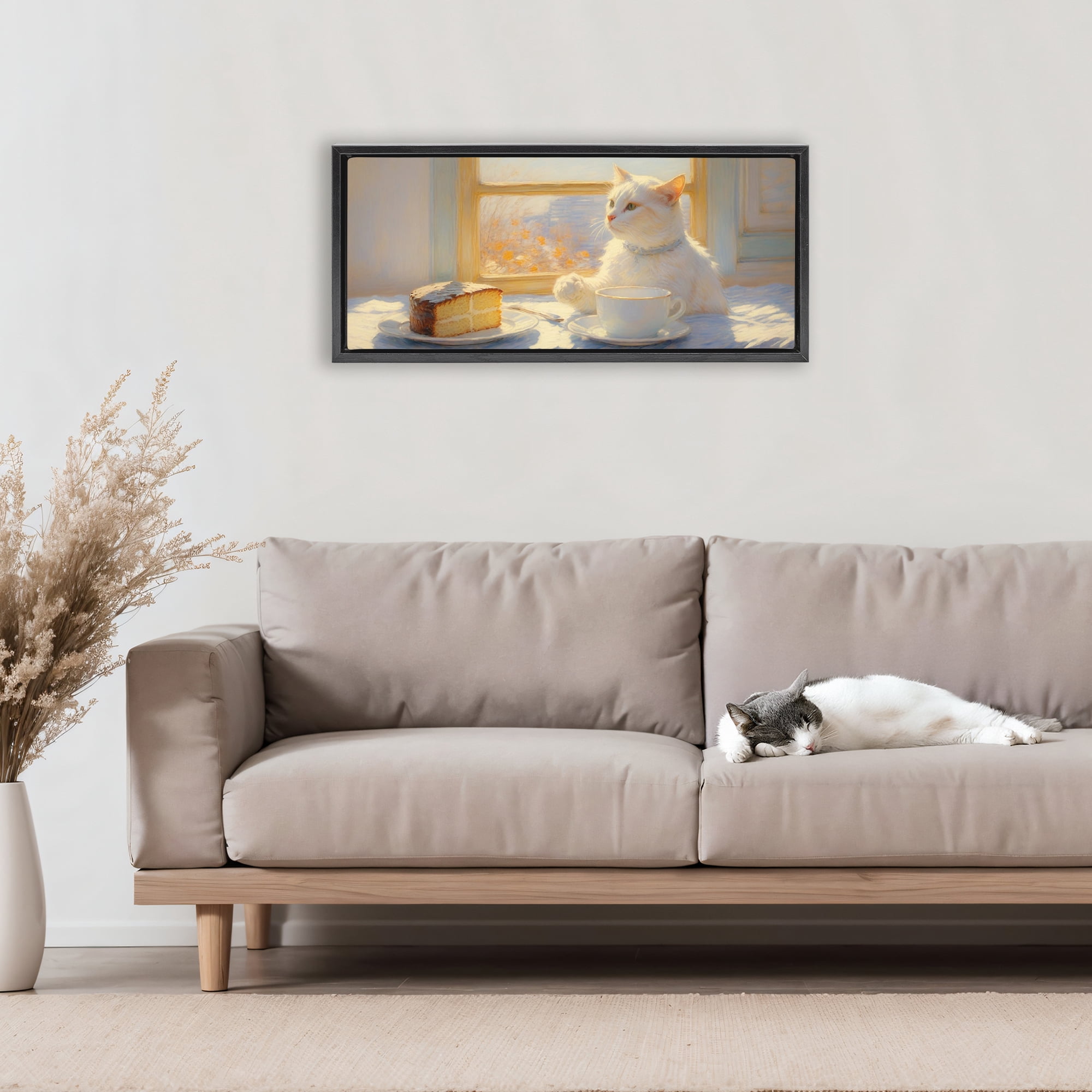 Stupell Industries Sunlit Tea Party Cat Black Framed Floater Canvas Wall Art, design by Angie Hawke
