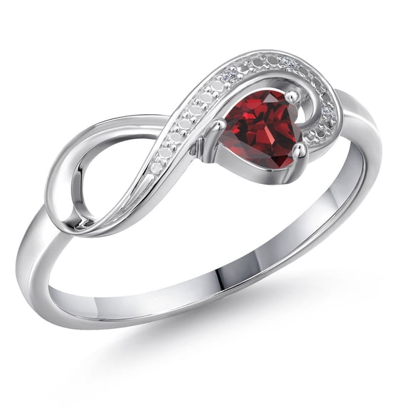 Gem Stone King 10K White Gold Red Garnet and White Diamond Accent Infinity Ring for Women (0.34 Cttw, Heart Shape 4MM, Gemstone January Birthstone, Size 5)