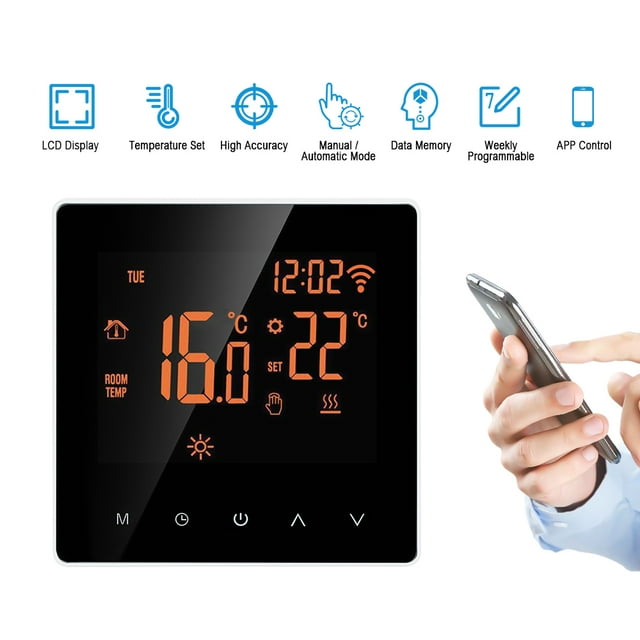 Thermostat Intelligent Wi-Fi Contrôleur de Température Numérique Contrôle par Application Écran LCD Écran Tactile Programmable Thermostat de Chauffage au Sol Électrique Convient pour Maison École Bureau Hôtel 16A