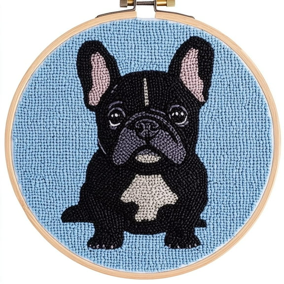 DIY Punch Needle Kits for Beginners Cute Cartoon Black French Bulldog with Hoop Embroidery Punch Needle Starter Craft Set Easy for Adults and Children Festival Gift and Decoration 20x20cm-1