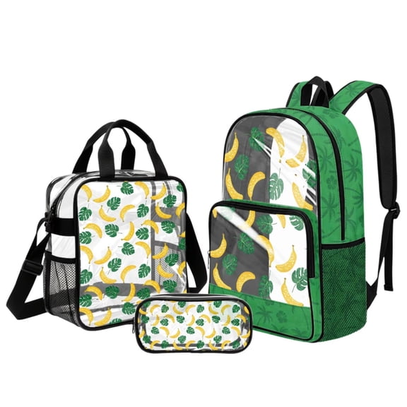 DISNIMO Monstera Banana Print 3PCS Clear Backpack for Kids Girls, Heavy Duty Transparent Bookbag with Lunch Box & Pencil Case, 17 Inch See Through Clear Backpack for Students