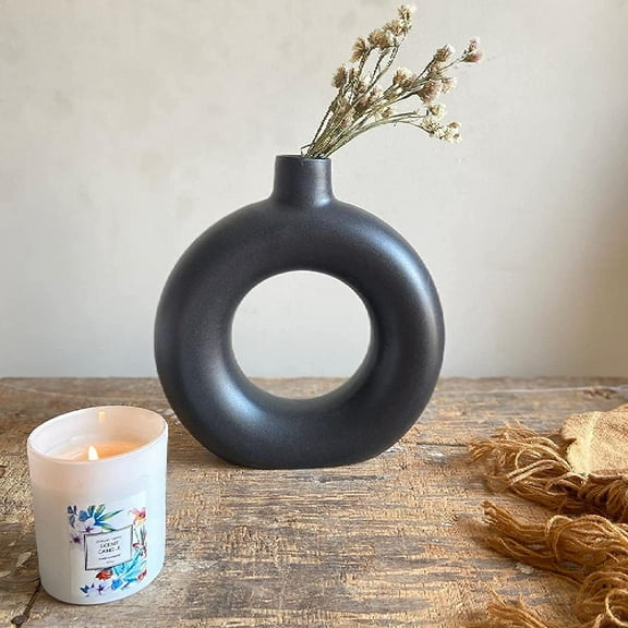 India Meets India Ceramic Vase [Metallic w/ Matte Finish], Ceramic Donut Circle Vase, Decorative Hollow & Pampas Dried Flowers Vase for Home Decoration/Living Room/Bedroom/Office/Table/Bookshelf, 9"
