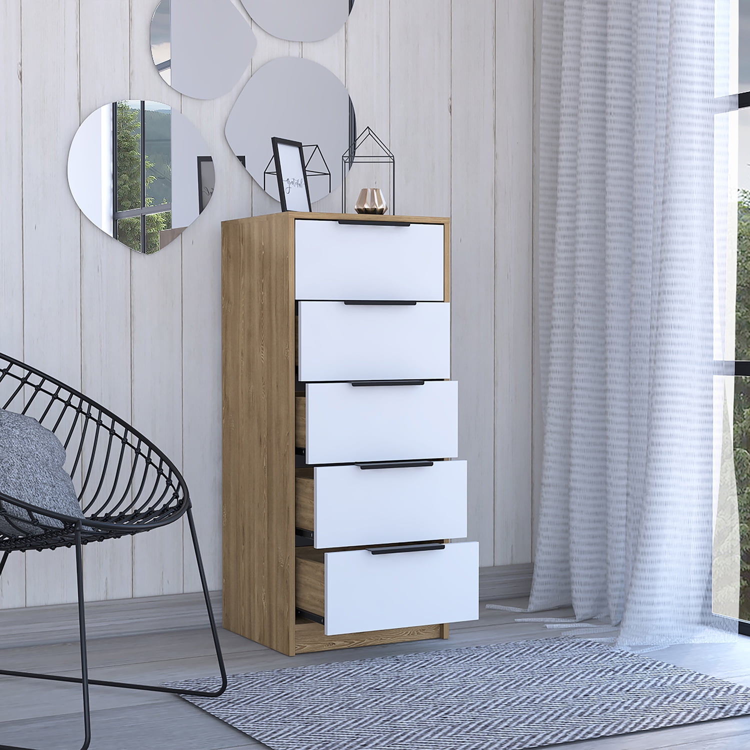 Kadyn 5 Drawers Dresser, Chest of Drawers with Metal Handle, White+Wood Storage Cabinet, Nursery Dresser Kadyn 5 Drawers Dresser, Chest of Drawers with Metal Handle, White+Wood Storage Cabinet, Nursery Dresser