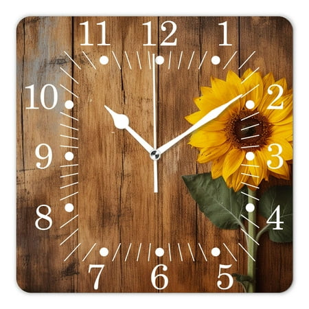 14 Inch Wall Clock Battery Operated Square Clock for Office, Kitchen, Outdoor, Living Room,Yellow Sunflower Brown Burlap on Wooden Exquisite