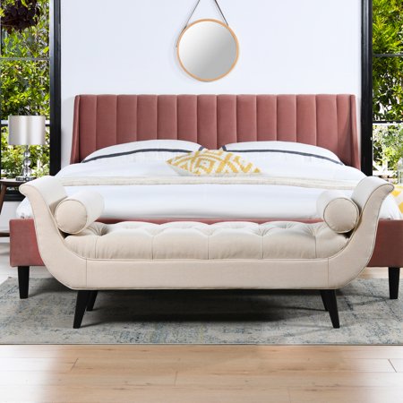 Sky Neutral Beige Entryway Sitting Bench With Flared Arms, Model, 64.5 Inches Length, 17 Seat Height, Two Round Bolster Pillows, Black Brown Solid Wood Legs, Medium Firmness Arms And Detail, , Long,