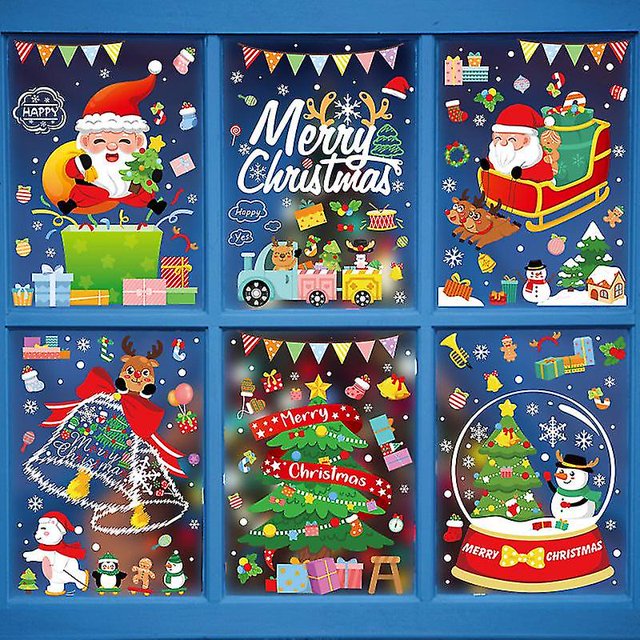 Calcomanías navideñas para ventanas, decoraciones navideñas para ventanas, pegatinas navideñas para ventanas, copos de nieve, ciervos, Papá Noel, decoración invernal del país de las maravill