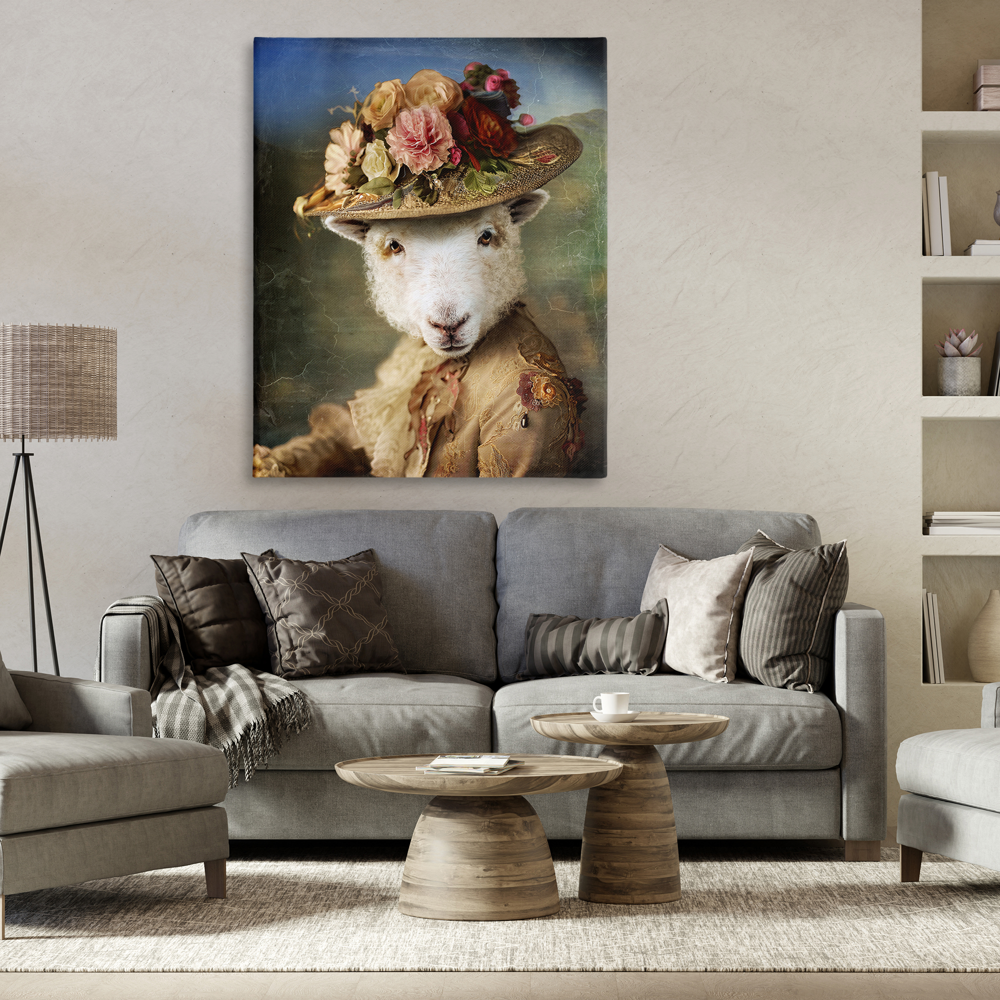 Stupell Industries Lamb with Floral Hat Animals & Insects Painting Gallery Wrapped Canvas Art Print Wall Art, 36 x 48