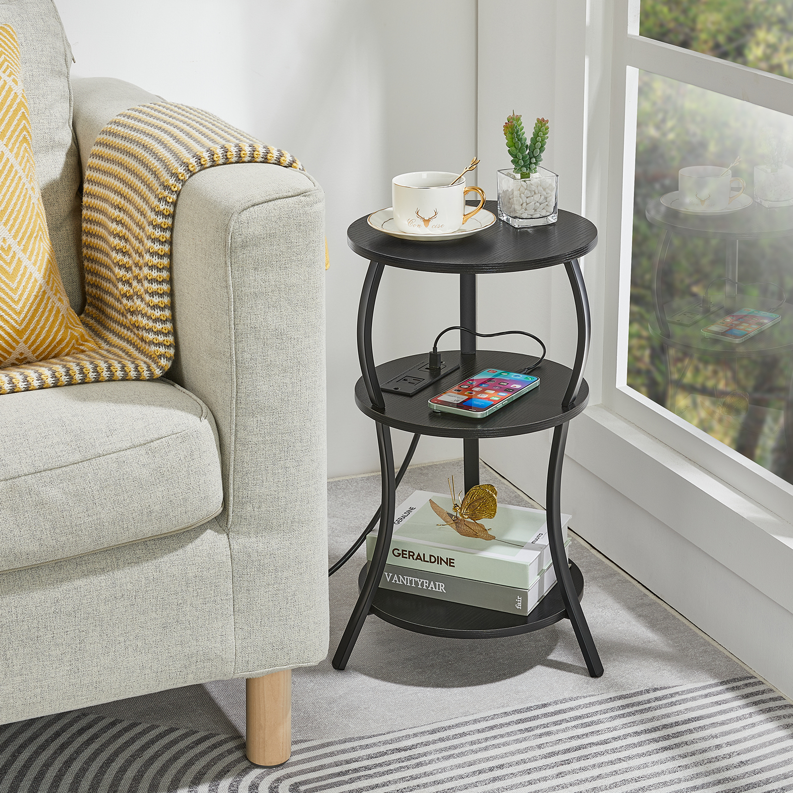 ZEXVIDA Small Round Side Table with Charging Station, 3-Tier Waist Circular End Table with Storage Shelf,  Sofa Side Table Small Spaces, Round Corner Coffee Table for Living Room Bedroon,Black