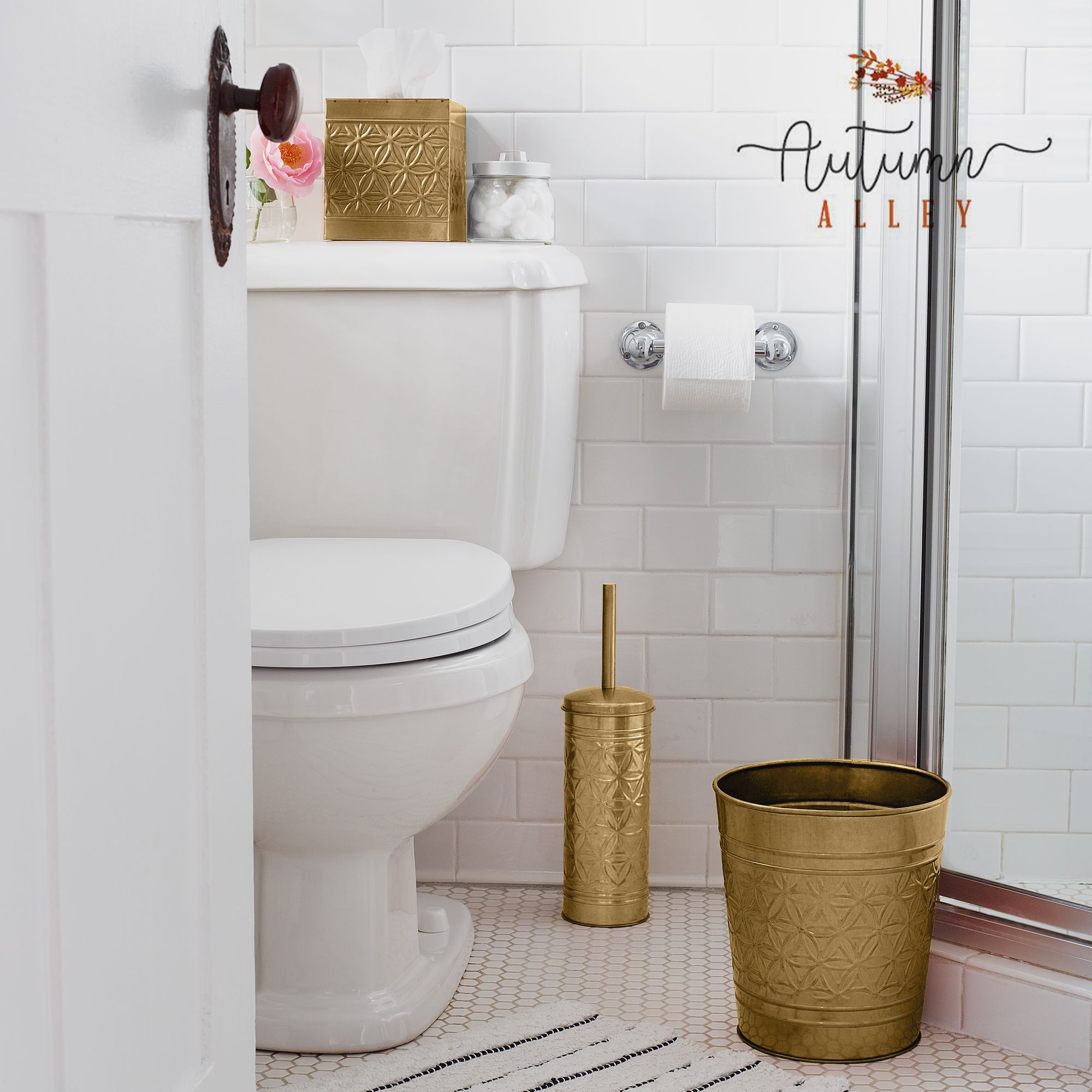 Autumn Alley Farmhouse Gold Bathroom Accessories Set – Includes Gold Bathroom Trash Can & Toilet Brush with Holder, Handcrafted Modern Waste Bin & Standing Toilet Brush, Embossed Metal Design Décor