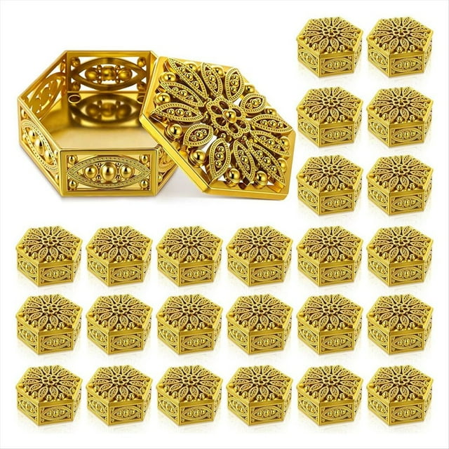 24 Cajas de Dulces Hexagonales Huecas A Granel, Regalos Indios para Pooja, Contenedores Decorativos para Dulces, Caja Hexagonal Dorada.