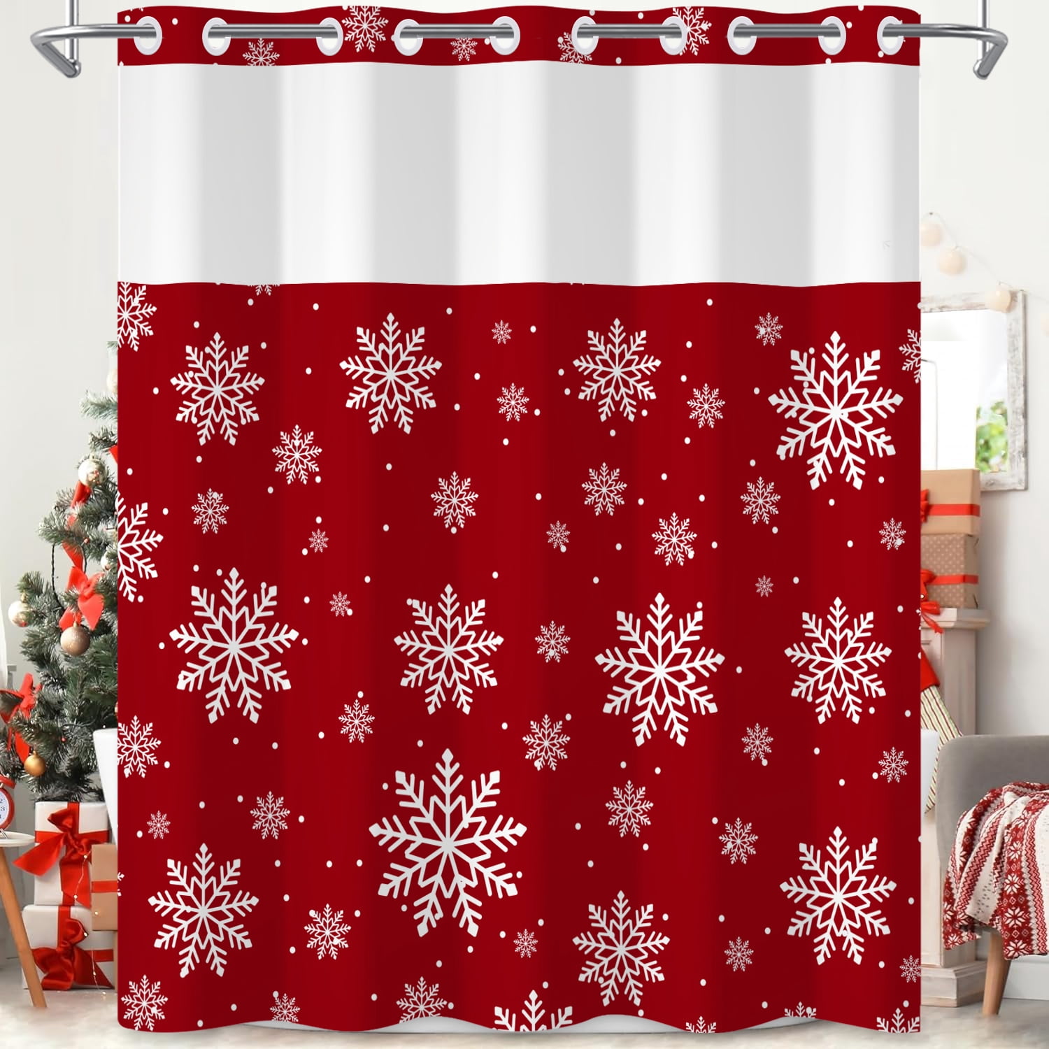 Mizhona White Snowflakes Hookless Shower Curtain with Snap in Liner，Red No Hooks Fabric Bath Curtain,71"× 74"