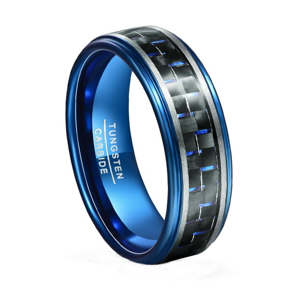 JQUEEN Men's 8mm Blue Tungsten Carbide Rings Black Blue Carbon Fiber Engagement Rings Size 7-12