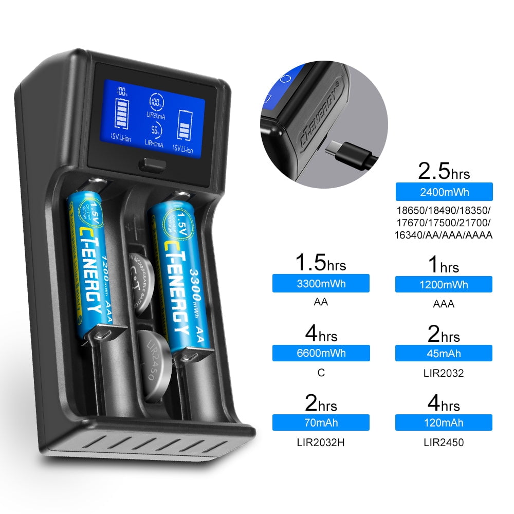 CT-ENERGY Household Battery Charger for AA AAA C 18650  Ni-Mh/Lithium/Rechargeable Coin Batteies 2032/2450