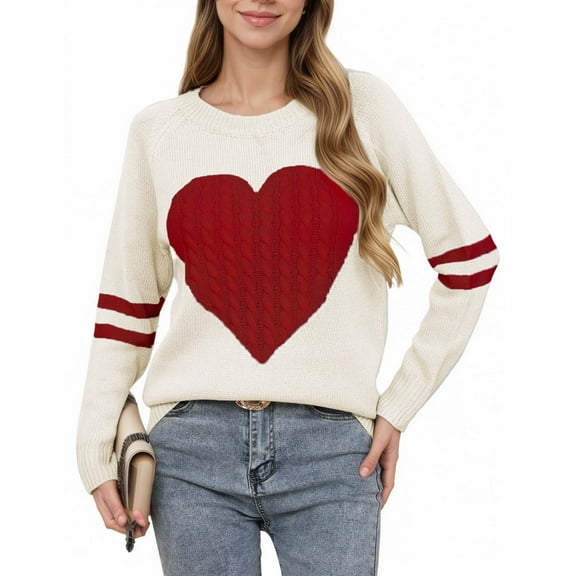 Aueoeo Women Big Hearts Sweaters Graphic Printed Crew Neck Long Sleeve Sweaters Fall Trendy Dressy Casual Basic Clothes