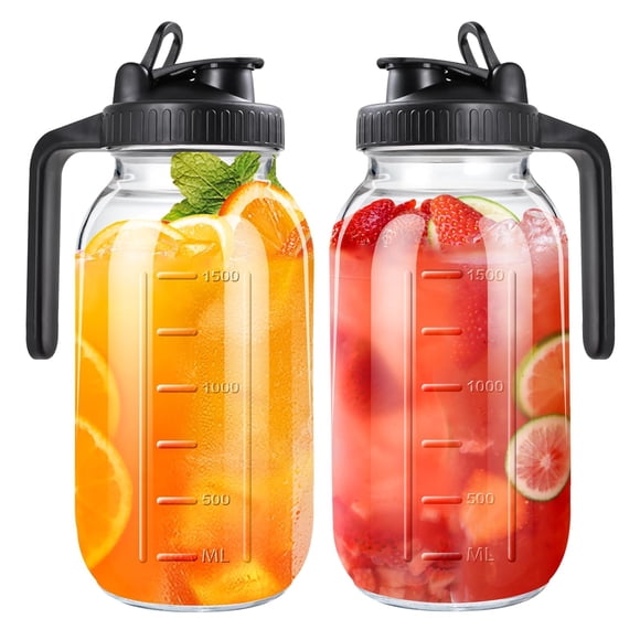 Ausein 2PCS Jarra de Vidrio de 64oz, Jarra de Agua Modernas con Tapa y Asa, Jarra de Cristal Grande y Resistente para Té, Jugos y Bebidas, con Cepillo de Limpieza y Varilla Agitadora