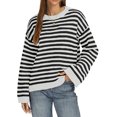 thumbnail image 2 of Women Crew Neck Horizontal Stripe Drop Shoulder Long Sleeve Loose Knit Sweater Fall Casual Pullover M, 2 of 5