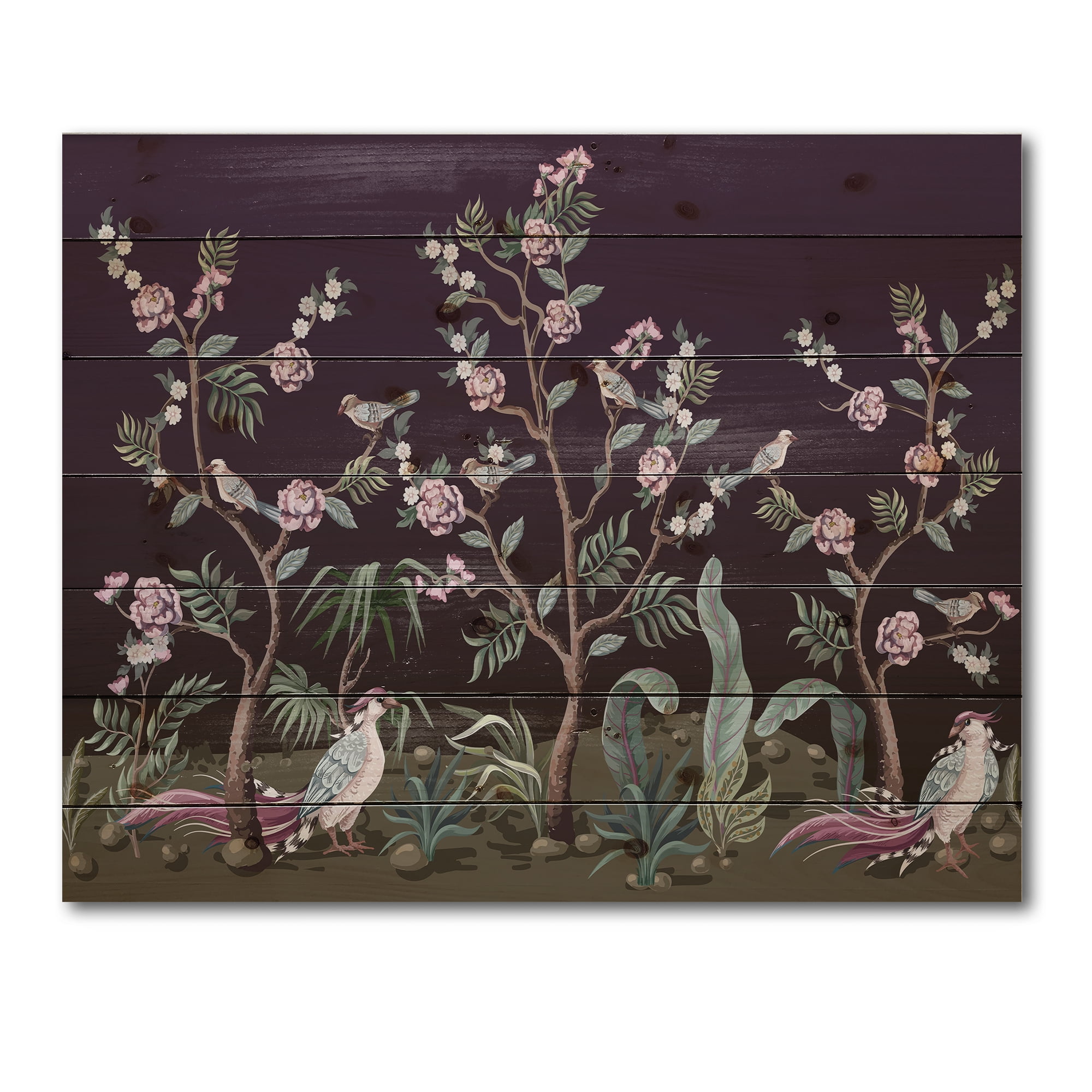 Designart 'Chinoiserie With Peonies and Birds I' Traditional Print on Natural Pine Wood