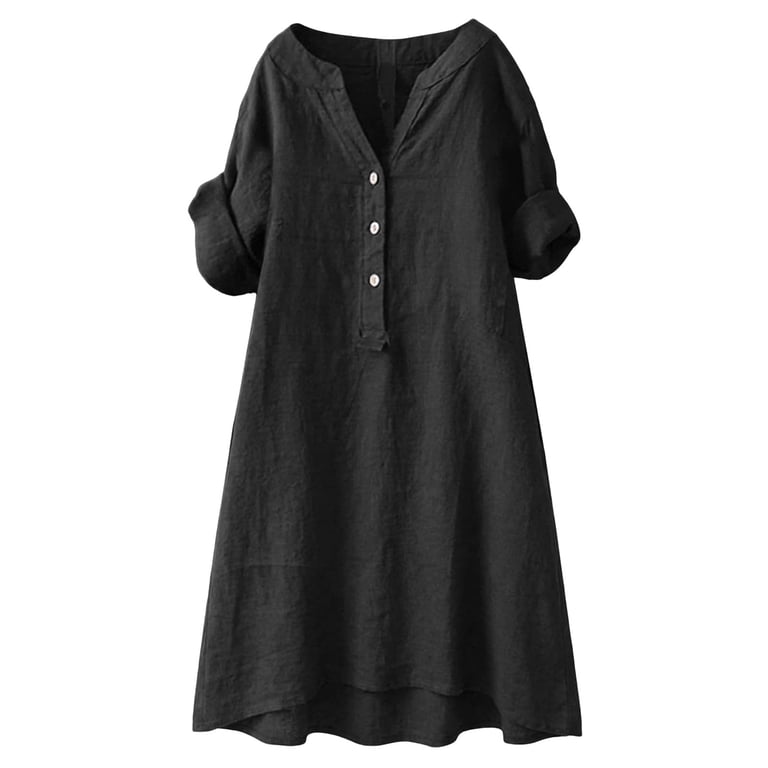 YOUNGEE Women's Cotton Linen V Neck Shift Dress, Button Front Rolled Short Sleeve Casual Tunic Dress with Pockets, Loose Solid Color Summer Dress for