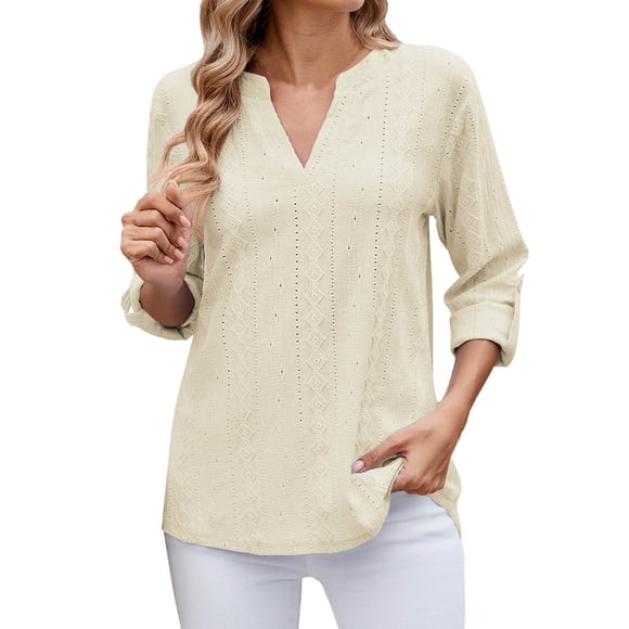 HXWCHs Women's Solid T-Shirt Maternity Fit Elegant Women's Casual Blouse with Roll-Up Three Quarter Sleeve V-Neck Spring top for Business Wear S Beige