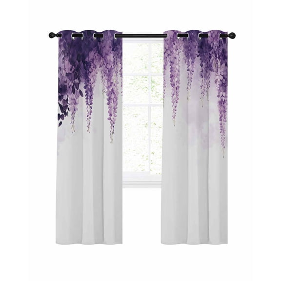 Pastoral Floral Blackout Curtains for Bedroom Living Room, Spring Purple Flowers 72 In Long Thermal Insulated Room Darkening Drapes Grommet Window Treatments, 52 x 72 In