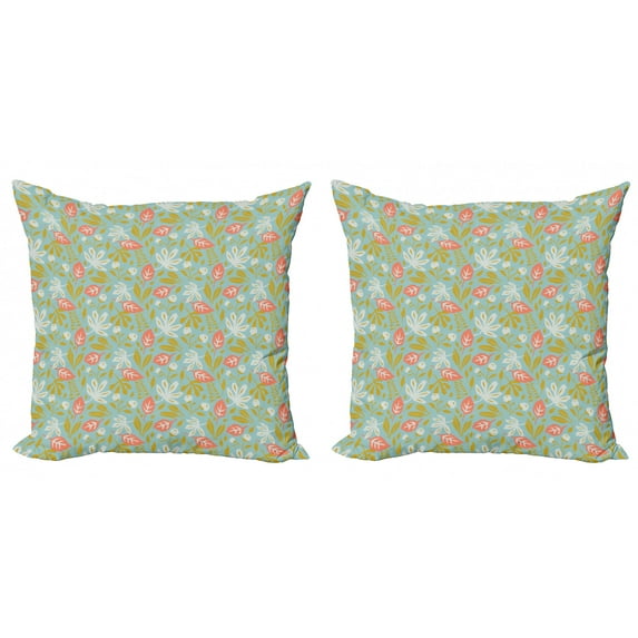 Flower Throw Pillow Cushion Cover Pack of 2, Retro Minimalist Expressionism Blooms with Rough Rose Leaves Pattern, Zippered Double-Side Digital Print, 4 Sizes, Seafoam Coral, by Ambesonne