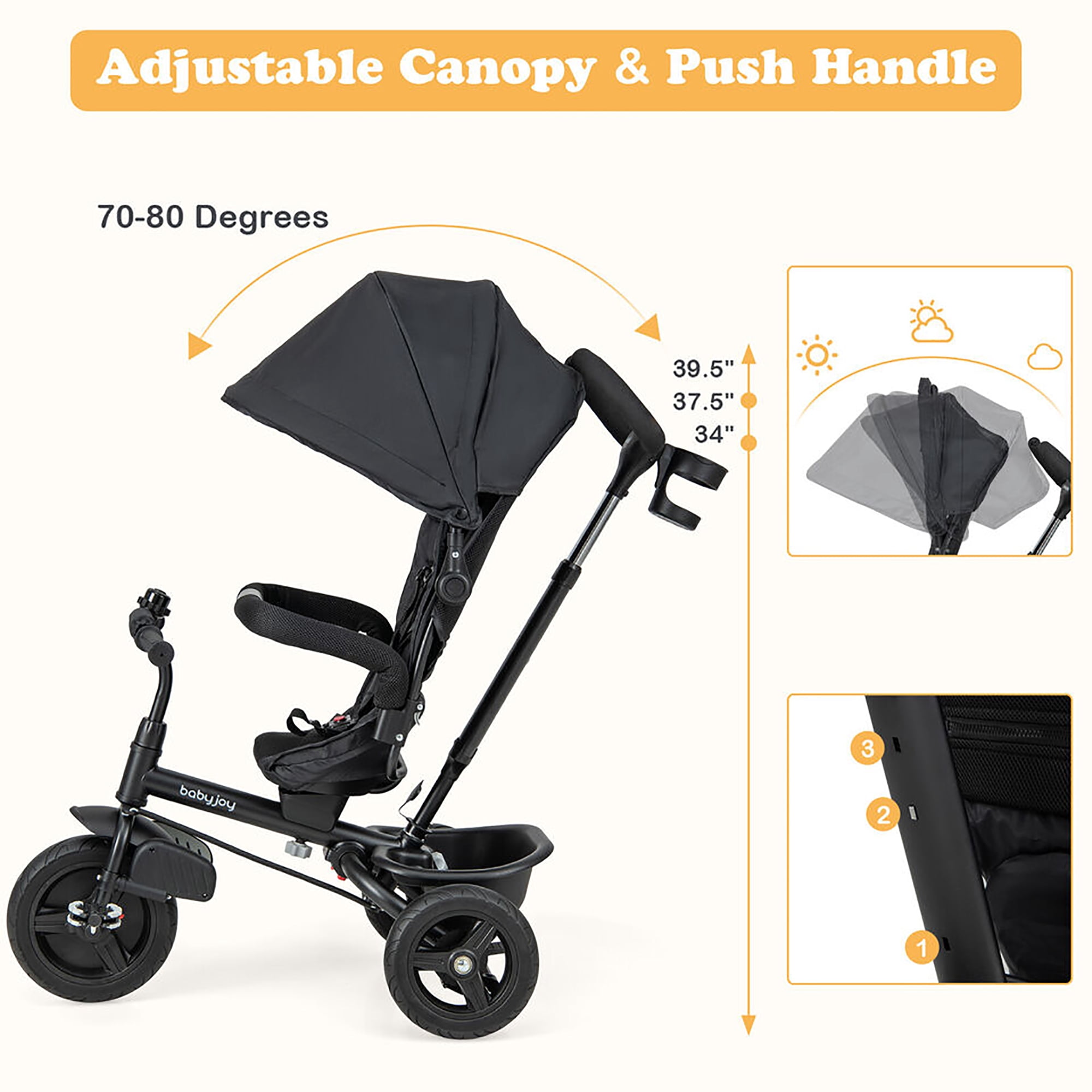 Gymax 4-in-1 Baby Tricycle Toddler Trike w/ Reversible Seat Canopy & Push Handle Black