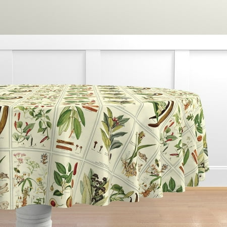 

Cotton Sateen Tablecloth 90 Round - Herb Botanical Spices Green Brown Ecru Food Illustration Print Custom Table Linens by Spoonflower