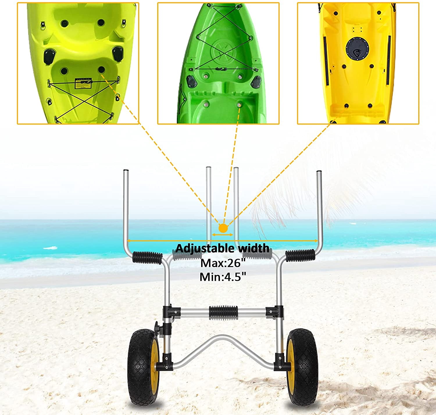 Kayak Car Foldable Aluminum Kayak Trailer with 10'' Solid Tires, Universal Kayaks Wheel Cart Dolly for Canoe, Paddle Board, Boat, Float Mats, Jon Boat