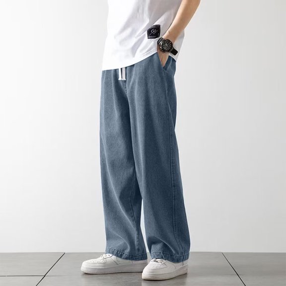 Nestiefly Relaxed Fit Baggy Jeans for Men Drawstring Elastic Waist Wide Leg Denim Pants Relaxed Fit Vintage Jeans Blue 3XL