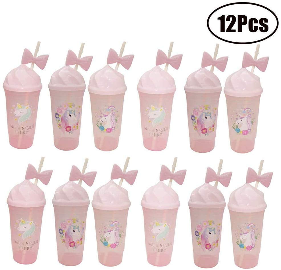 strawsss - Set of 12 Cute Unicorn Cups with Lids and Bowknot Straws