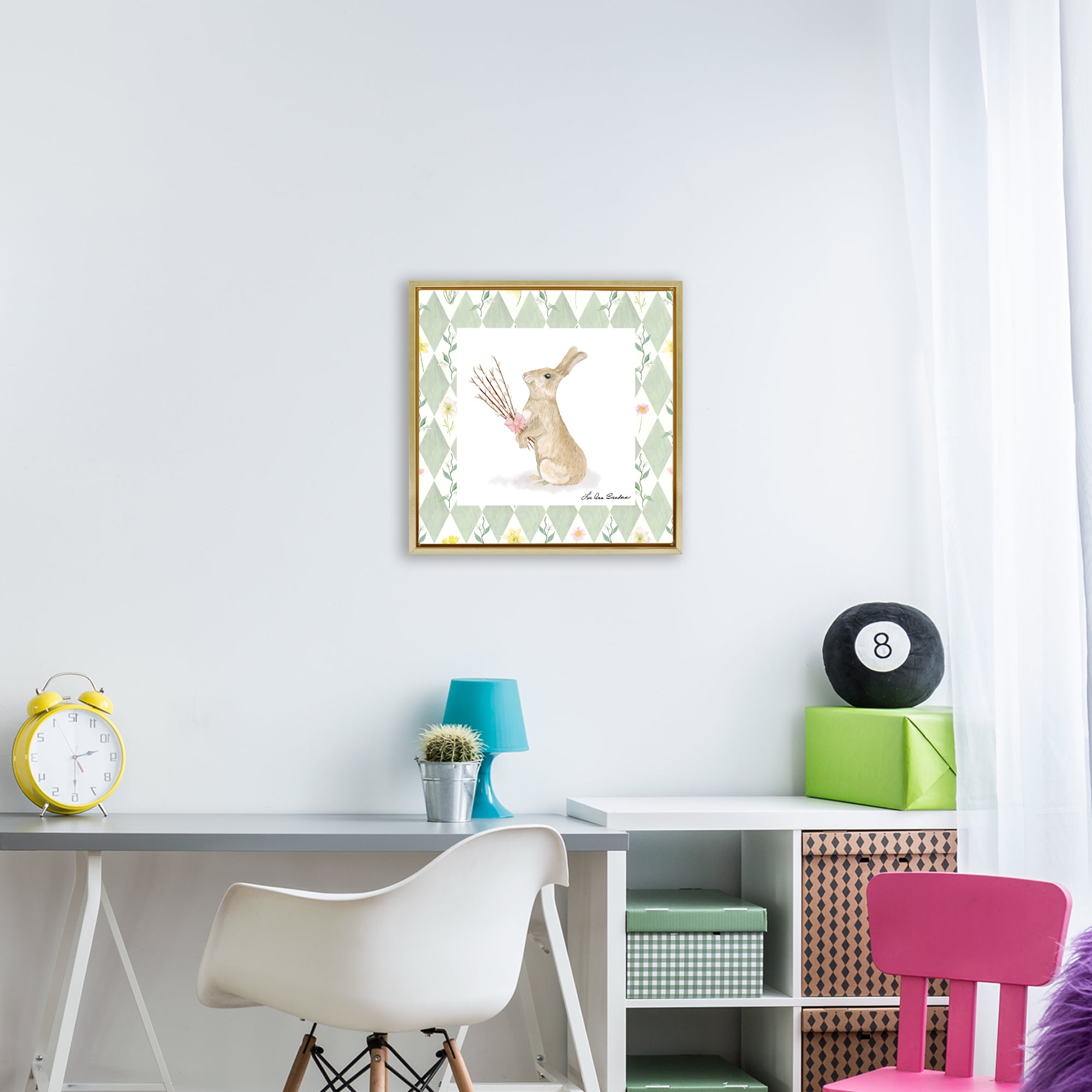 Bouquet Bunny on Green Argyle Gold Framed Floater Canvas Wall Art, design by Lee Ann Sanders