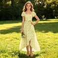 thumbnail image 6 of SGFCWSX Girls Floral Dress Square Neck Flutter Sleeve High Low Belted Summer Beach Dresses for Kids Yellow Size 9, 6 of 7