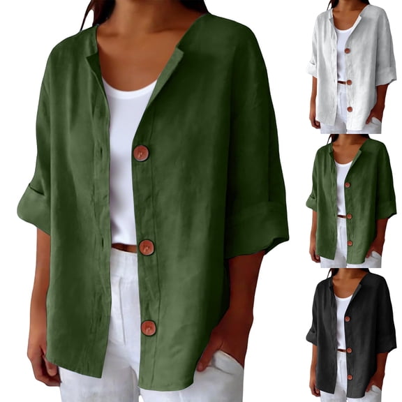 Dresfit Button Down Tops Women V Neck Linen Shirts Summer 2026 Short Sleeve Boho Blouses Open Front Solid Plus Size Vacation T Shirts Army Green S