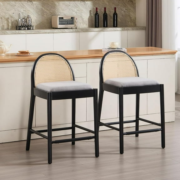 HEAH-YO Rattan Counter Stools Set of 2, 26 Inches Counter Height Bar Stools with Rattan Backrests and Wood Legs, Upholstered Linen Fabric Kitchen Stool for Island, Grey