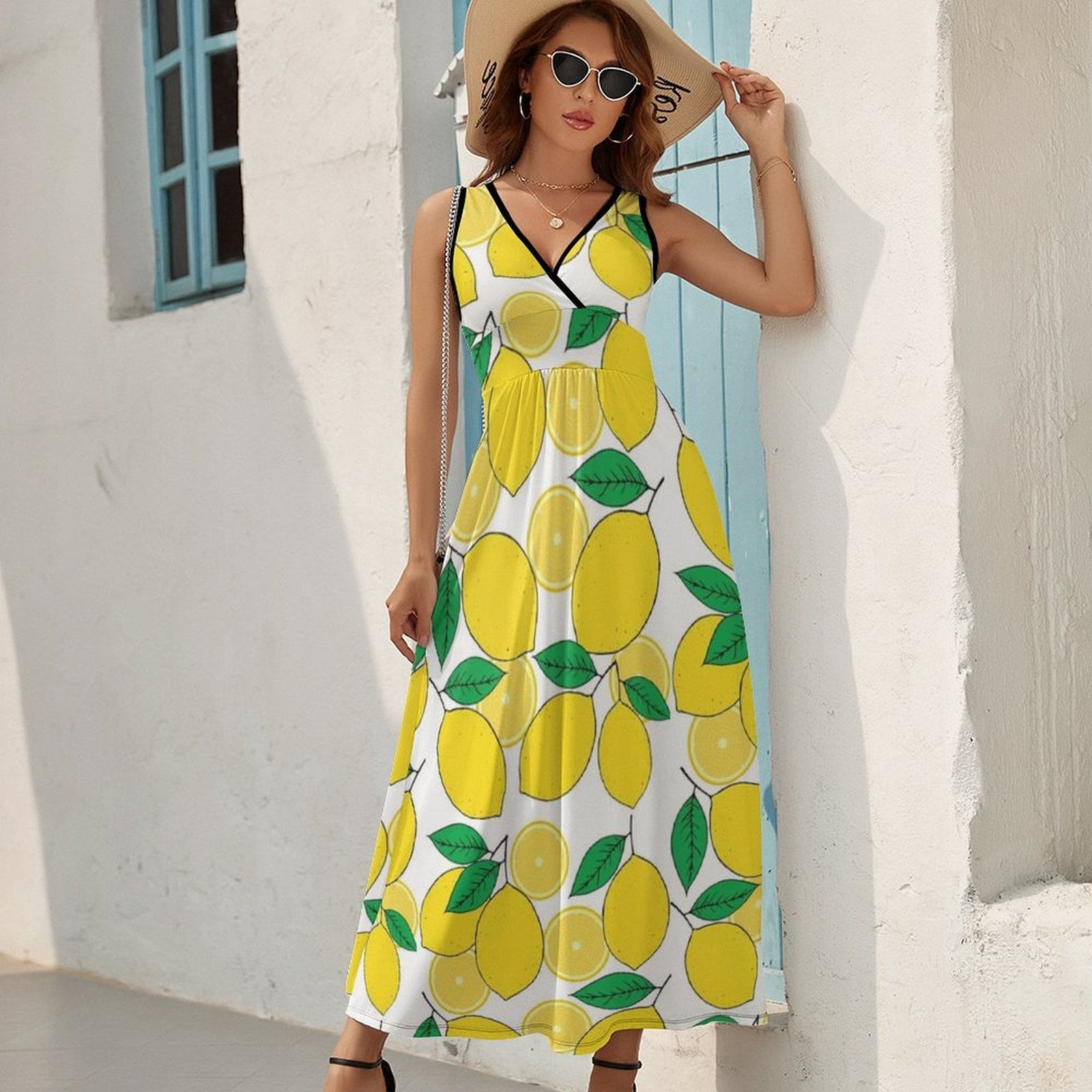 Lemon Print Dress Fashion Boho Beach Long Dresses Female Party Printed Maxi  Dress - Walmart.com