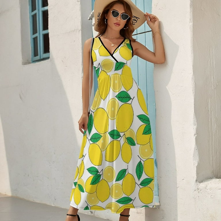 Lemon Print Dress Fashion Boho Beach Long Dresses Female Party