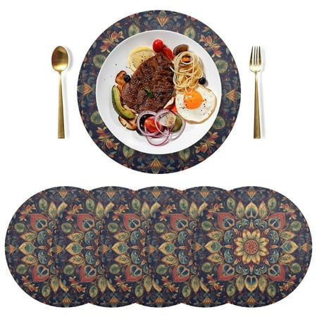 

Round Placemats Plate Mats 15 Inch Non-Slip Heat Resistant Washable PVC Set Table Decoration for Kitchen Dining Detailed Mandala Pattern