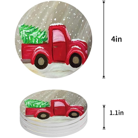 KXMDXA Car With Christmas Tree Farmhouse Style Set of 8 Round Coaster for Drinks, Absorbent Ceramic Stone Coasters Cup Mat with Cork Base for Home Kitchen Room Coffee Table Bar Decor